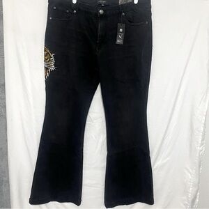 ED HARDY WOMENS TIGER HEAD SLIM FLARE JEANS Size 34 Y2K EMBROIDERED BLACK NWT